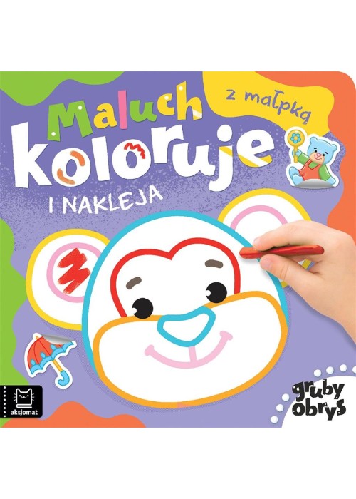 Maluch koloruje i nakleja z małpką. Gruby obrys