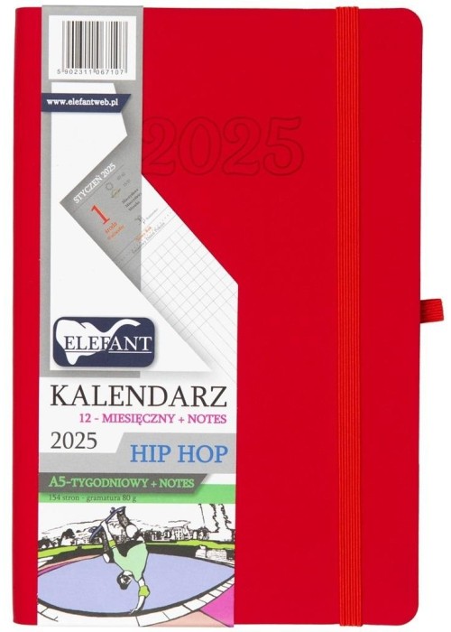 Kalendarz 2025 A5 12M + notes Hip Hop czerwony